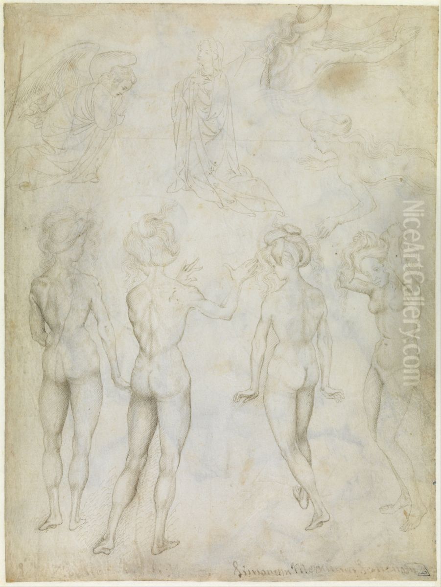 Four Studies of a Female Nude, an Annunciation and Two Studies of a Woman Swimming Oil Painting by Pisanello Four Studies of a Female Nude, an Annunciation and Two Studies of a Woman Swimming Oil Painting by Pisanello