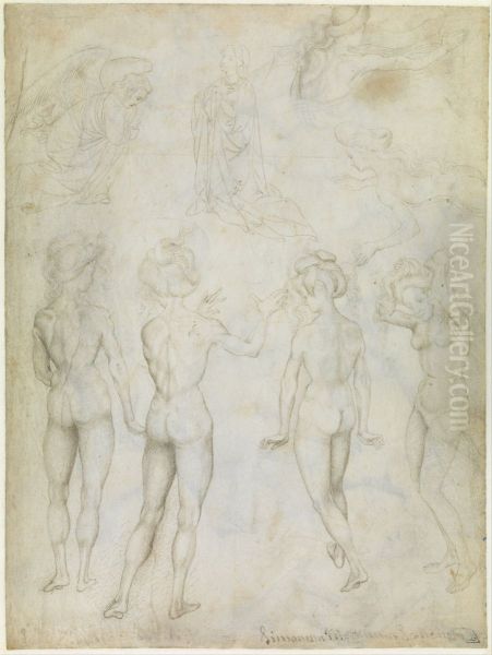 Four Studies of a Female Nude, an Annunciation and Two Studies of a Woman Swimming Oil Painting by Pisanello