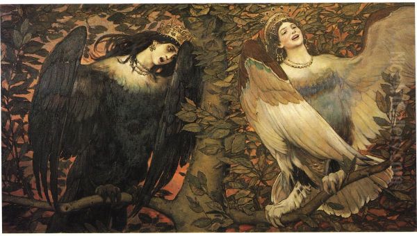 Sirin i Alkonost. Pticy radosti i pecali. Oil Painting by Viktor Vasnetsov