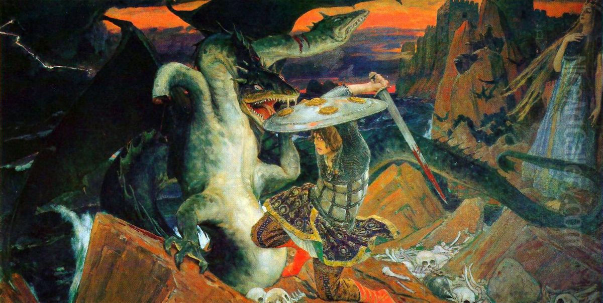 Ivan Tsarevitchaffrontant le dragon. Oil Painting by Viktor Vasnetsov