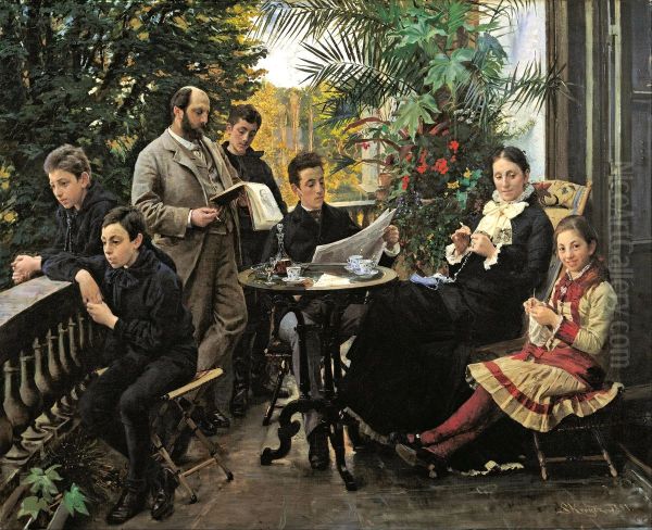 The Hirschsprung family portrait. From the left Ivar, Aage, Heinrich, Oscar, Robert, Pauline and Ellen HIrschsprung Oil Painting by Peder Severin Kroyer