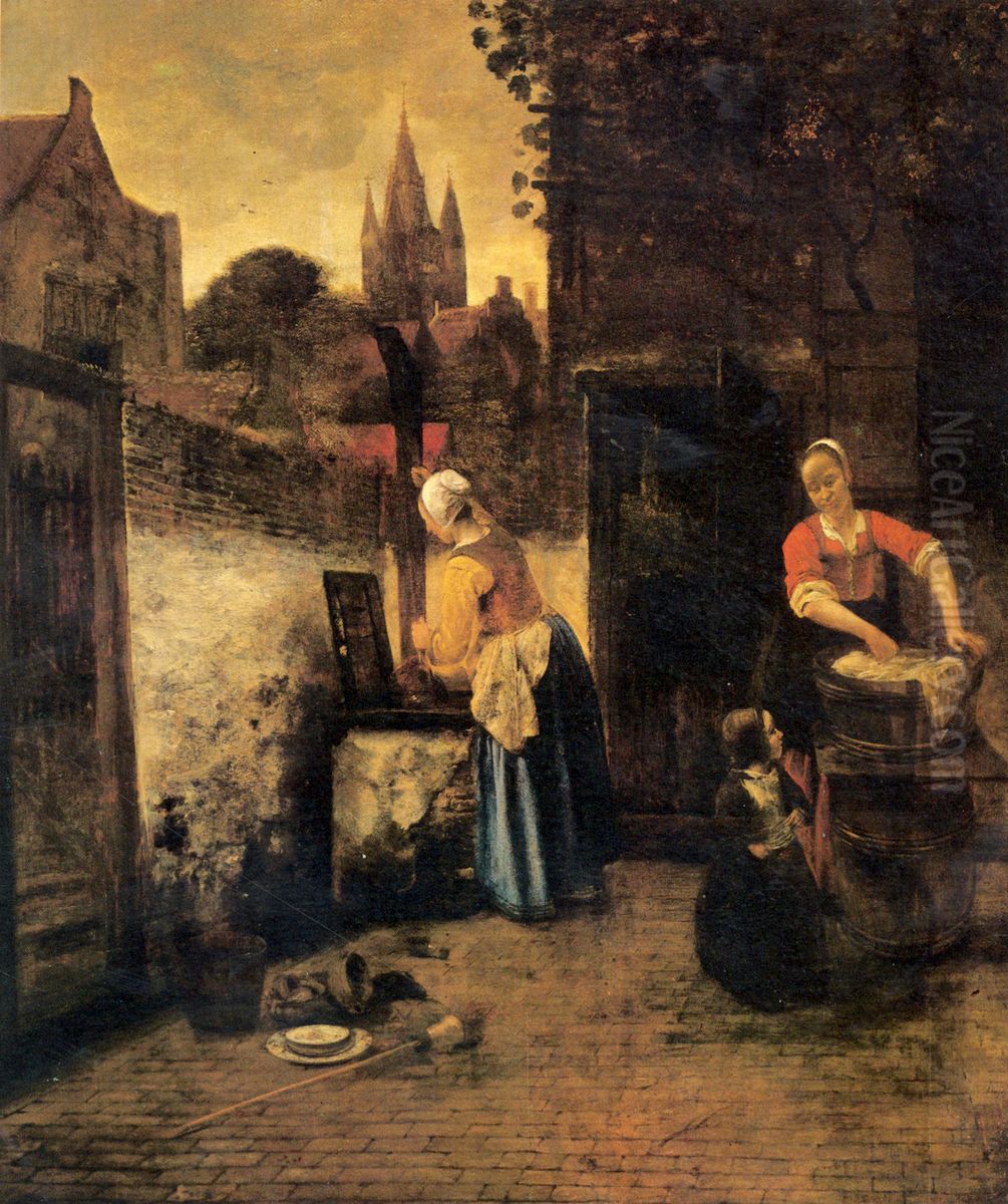 Zwei Frauen mit einem Kind im Hof Oil Painting by Pieter De Hooch