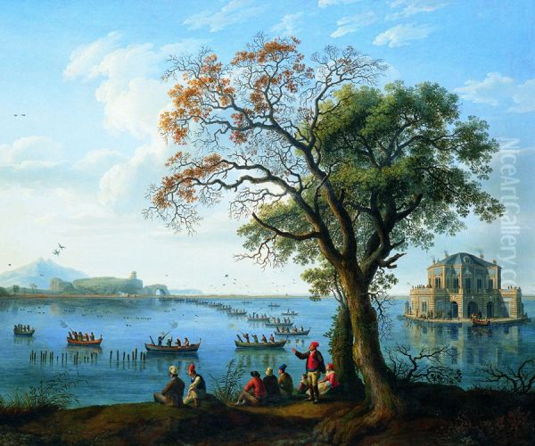 Ferdinando IV a caccia di folaghe sul lago di Fusaro Oil Painting by Jacob Philipp Hackert