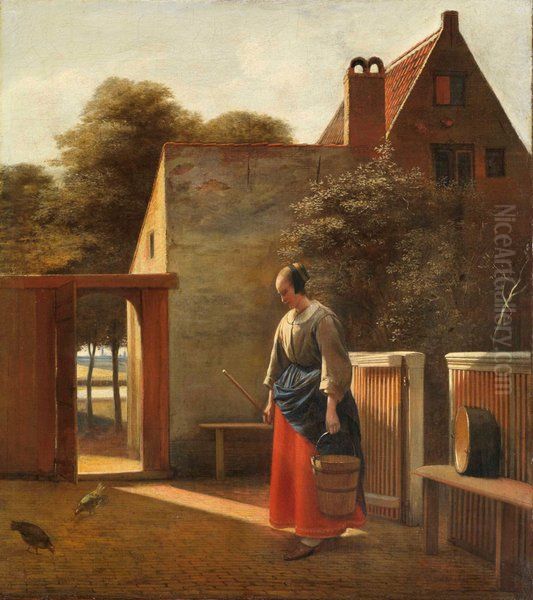 Eine Magd mit Eimer in einem Hinterhof Oil Painting by Pieter De Hooch