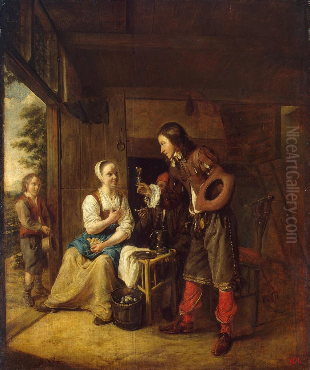 Soldier Offering a Woman a Glass of Wine Oil Painting by Pieter De Hooch
