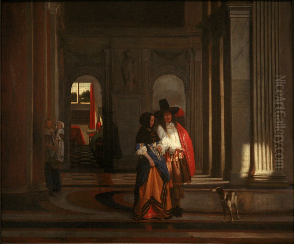 Couple strolling through the gallery in the town hall of Amsterdam Oil Painting by Pieter De Hooch