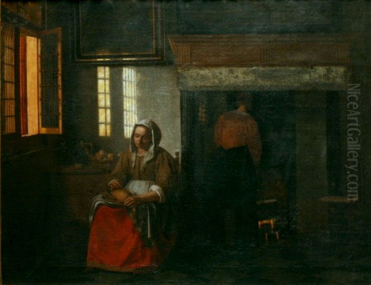 Interior with a woman plucking a duck Oil Painting by Pieter De Hooch