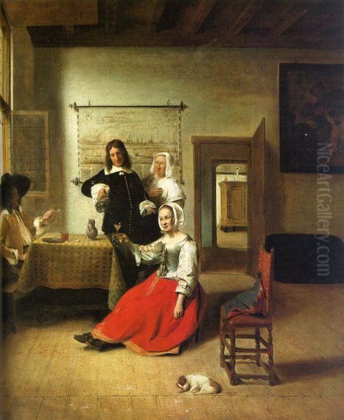 Woman Drinking with Soldiers Oil Painting by Pieter De Hooch