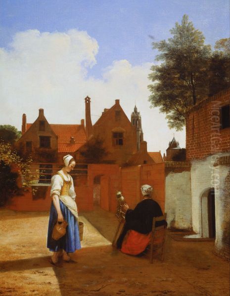 a Woman Spinning Oil Painting by Pieter De Hooch