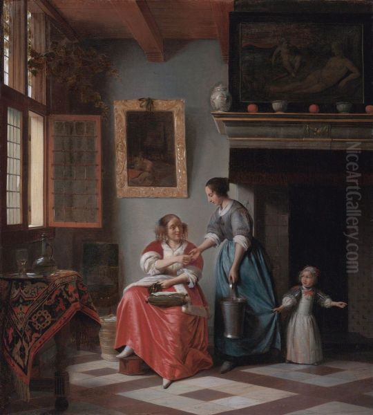 Interior with a young woman giving a coin to a maid Oil Painting by Pieter De Hooch