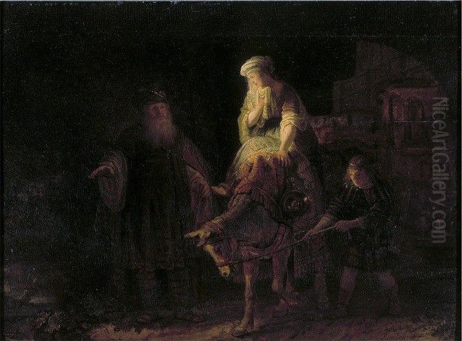 Abraham dismissing Hagar and Ishmael Oil Painting by Rembrandt
