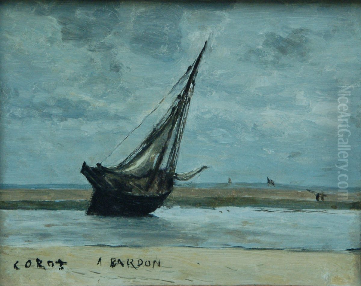 Trouville. bateau echoue, dit Bateau de peche a maree basse. Oil Painting by Jean-Baptiste Camille Corot