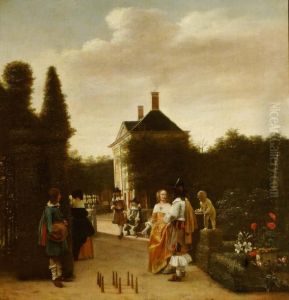 Skittle players in a garden near a manor