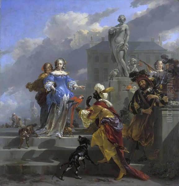 Elegant company at the harbor (or Othello and Desdemona) Oil Painting by Nicolaes Pieterszoon Berchem