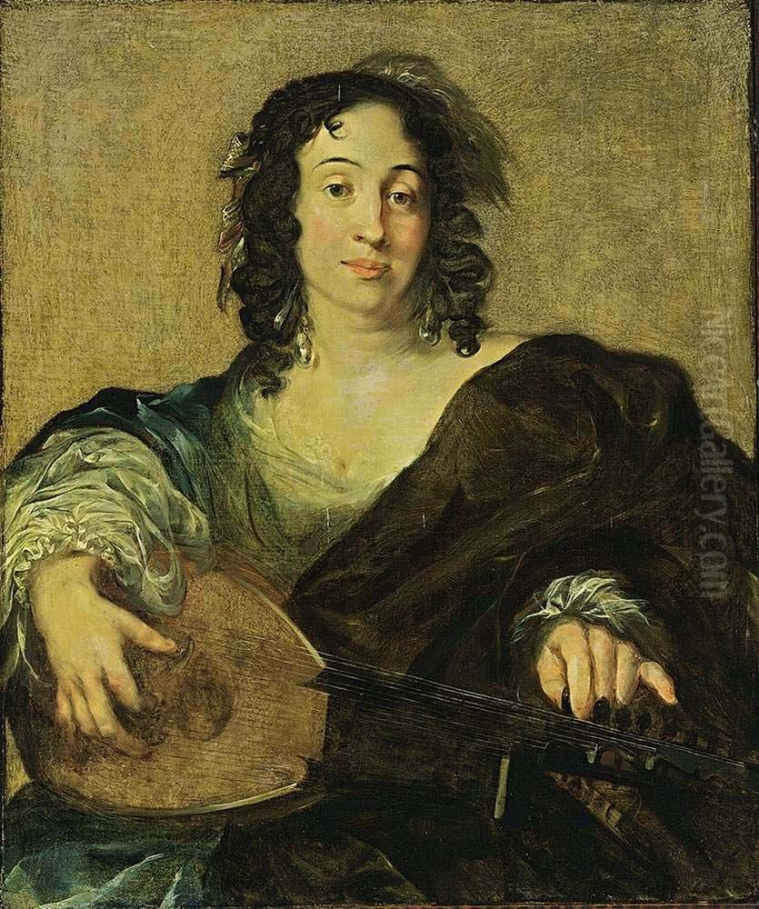 A Young Woman Tuning a Lute Oil Painting by Nicolaes Pieterszoon Berchem
