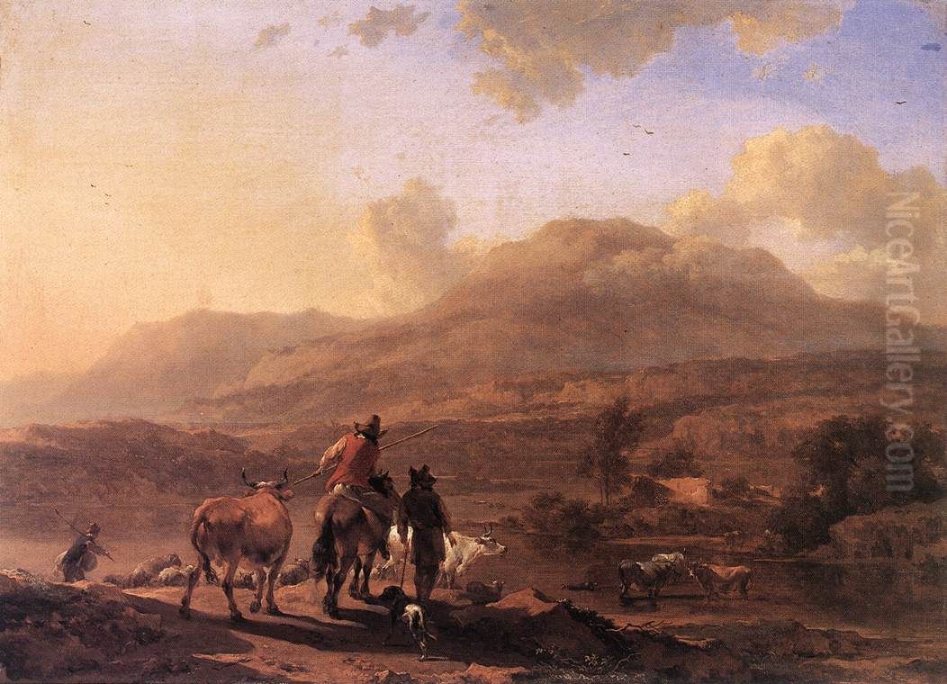 Italian Landscape at Sunset Oil Painting by Nicolaes Pieterszoon Berchem