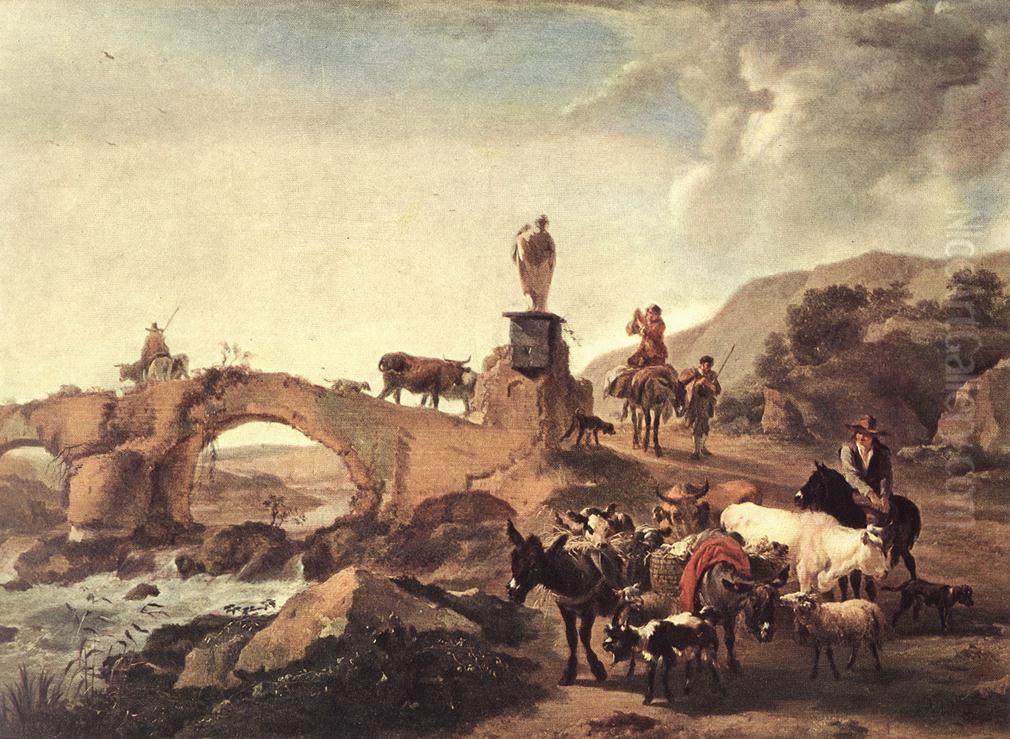 Zuidelijke landschap met vee bij een brug Oil Painting by Nicolaes Pieterszoon Berchem