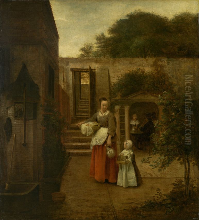 Woman and Child in a Courtyard Oil Painting by Pieter De Hooch