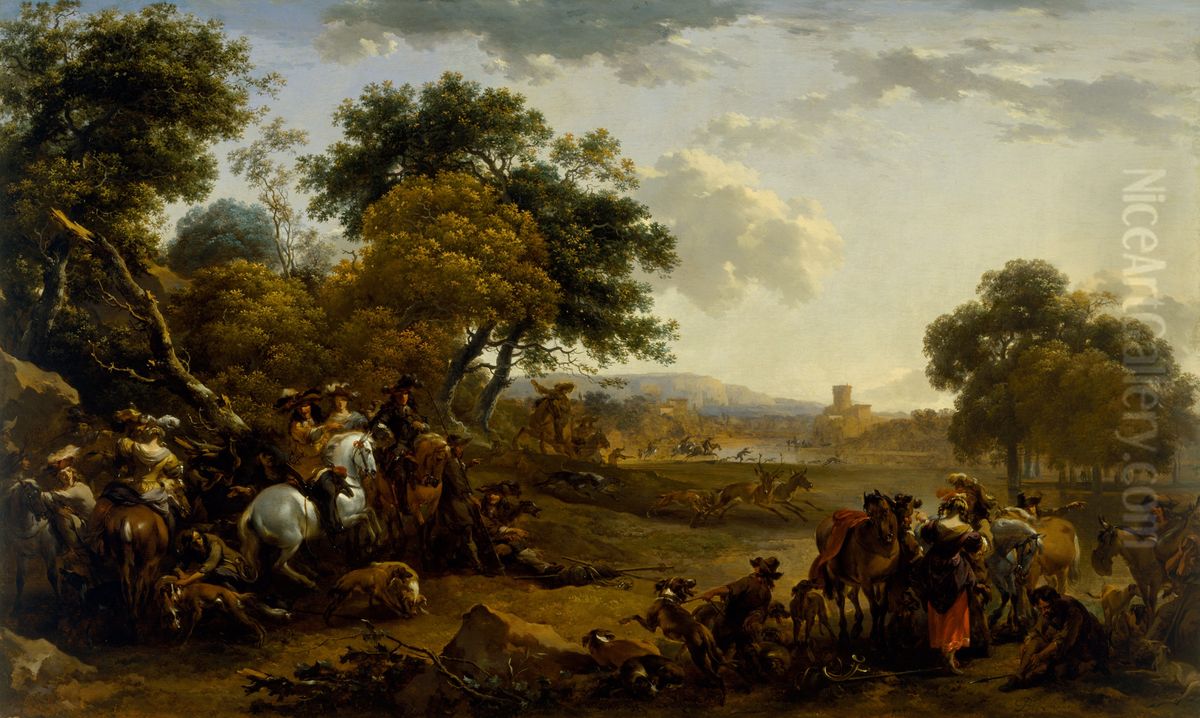 Landscape with a Hunting Party Oil Painting by Nicolaes Pieterszoon Berchem