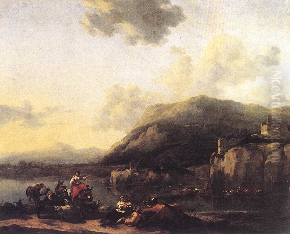 Muleteer by a Ford Oil Painting by Nicolaes Pieterszoon Berchem