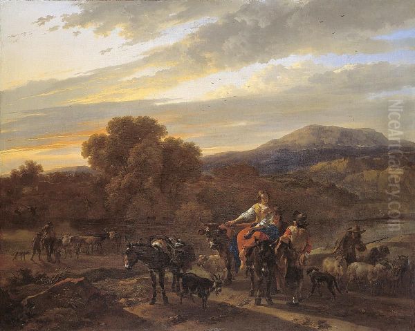 Southern Landscape with Shepherds, Sheep and Cows Oil Painting by Nicolaes Pieterszoon Berchem