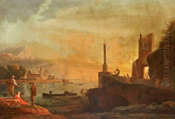Seaport at Sunset (Evening) Oil Painting by Joseph Vernet