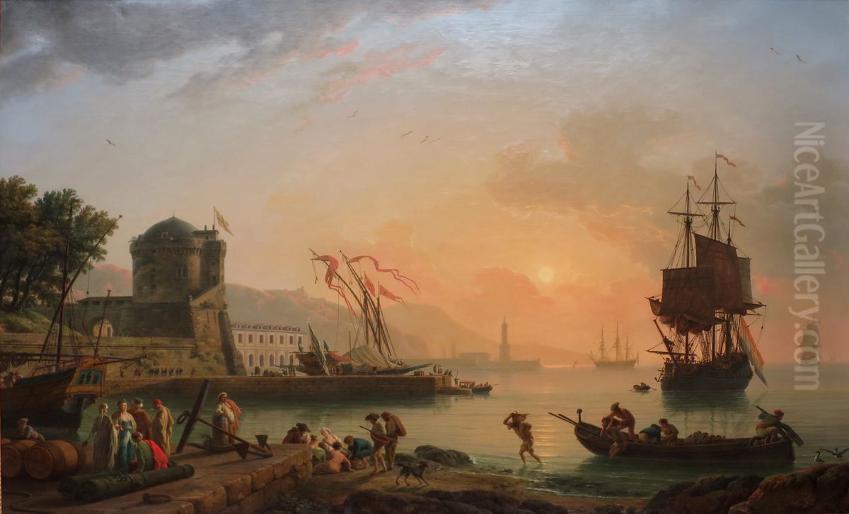 A Grand View of the Sea Shore Enriched with Buildings Shipping and Figures Oil Painting by Joseph Vernet