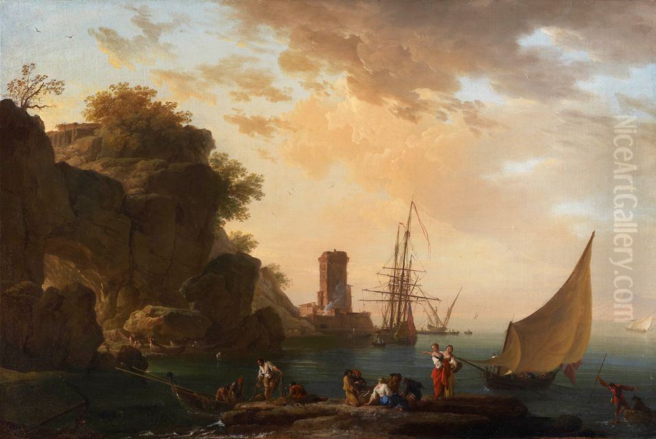 An Inlet near Naples with a Castle and Fisherfolk Oil Painting by Joseph Vernet