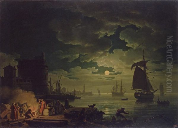 Entrance to the Port of Palermo by Moonlight Oil Painting by Joseph Vernet