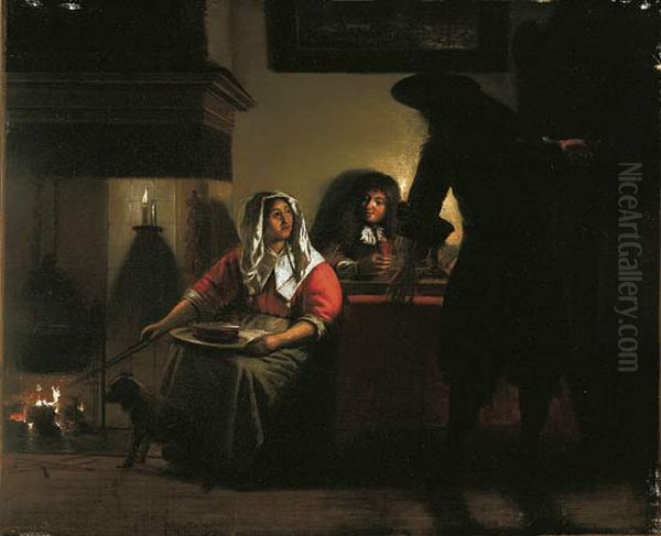 Interior with Two Gentleman and a Woman Beside a Fire Oil Painting by Pieter De Hooch