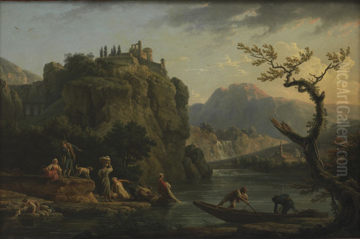 Bjerglandskab med en flod Oil Painting by Joseph Vernet