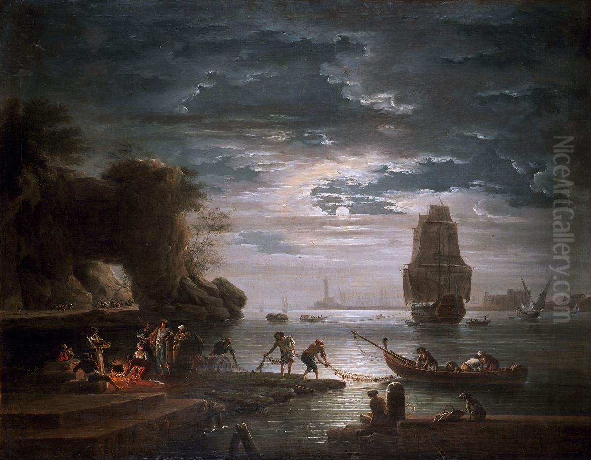 Coastal Scene (La nuit) Oil Painting by Joseph Vernet