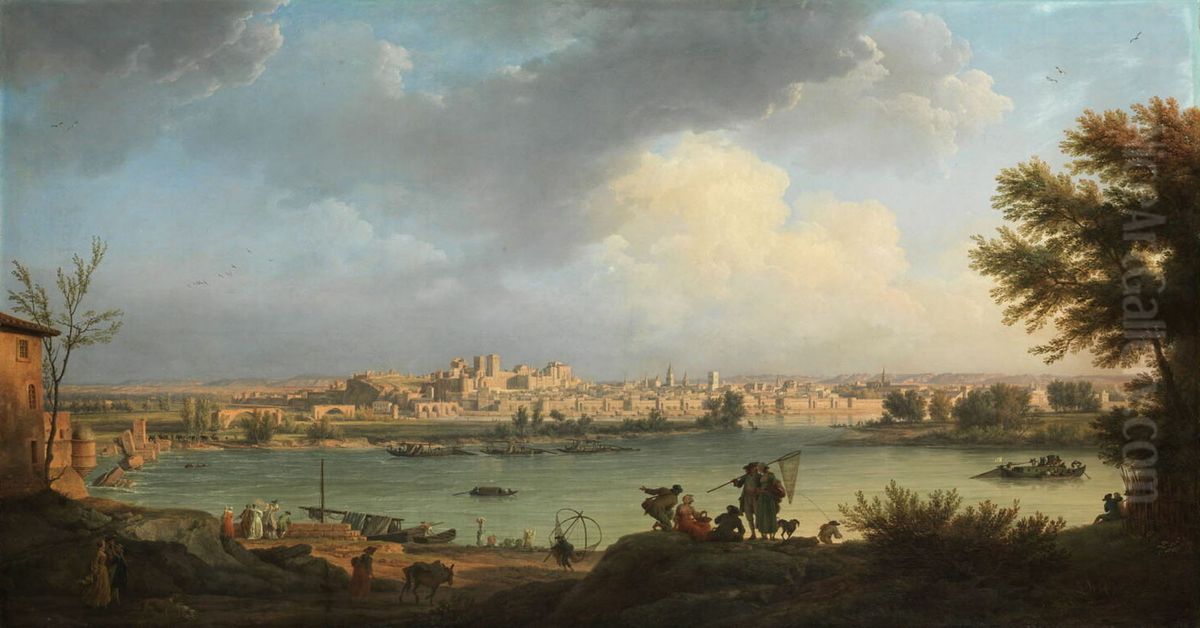 Vue d'Avignon, depuis la rive droite du Rhone, pres de Villeneuve. Oil Painting by Joseph Vernet