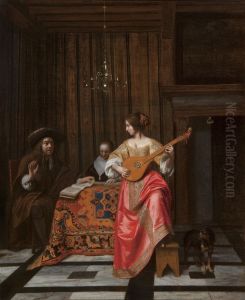 Woman playing the cithern and a couple singing in a distinguished interior Woman playing the cithern and a couple singing in a distinguished interior