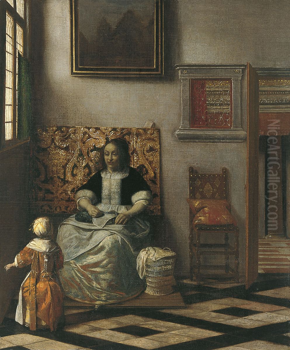 A Couple Making Music at a Table, with a Serving Girl Oil Painting by Pieter De Hooch