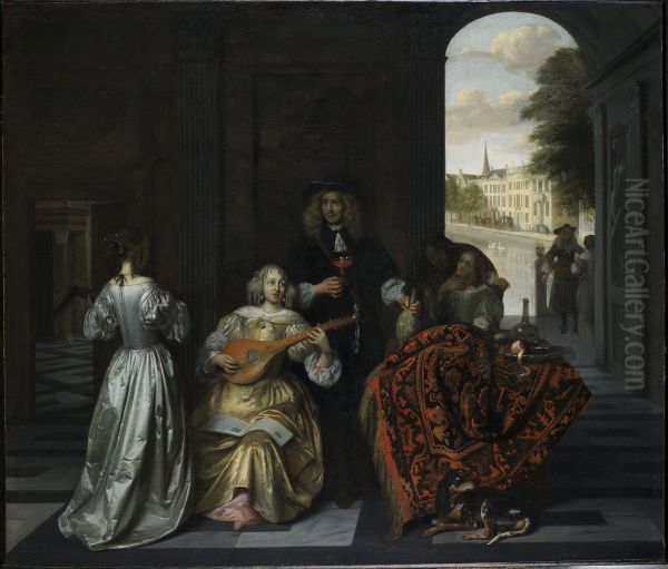Elegant company in a distinguished interior Oil Painting by Pieter De Hooch