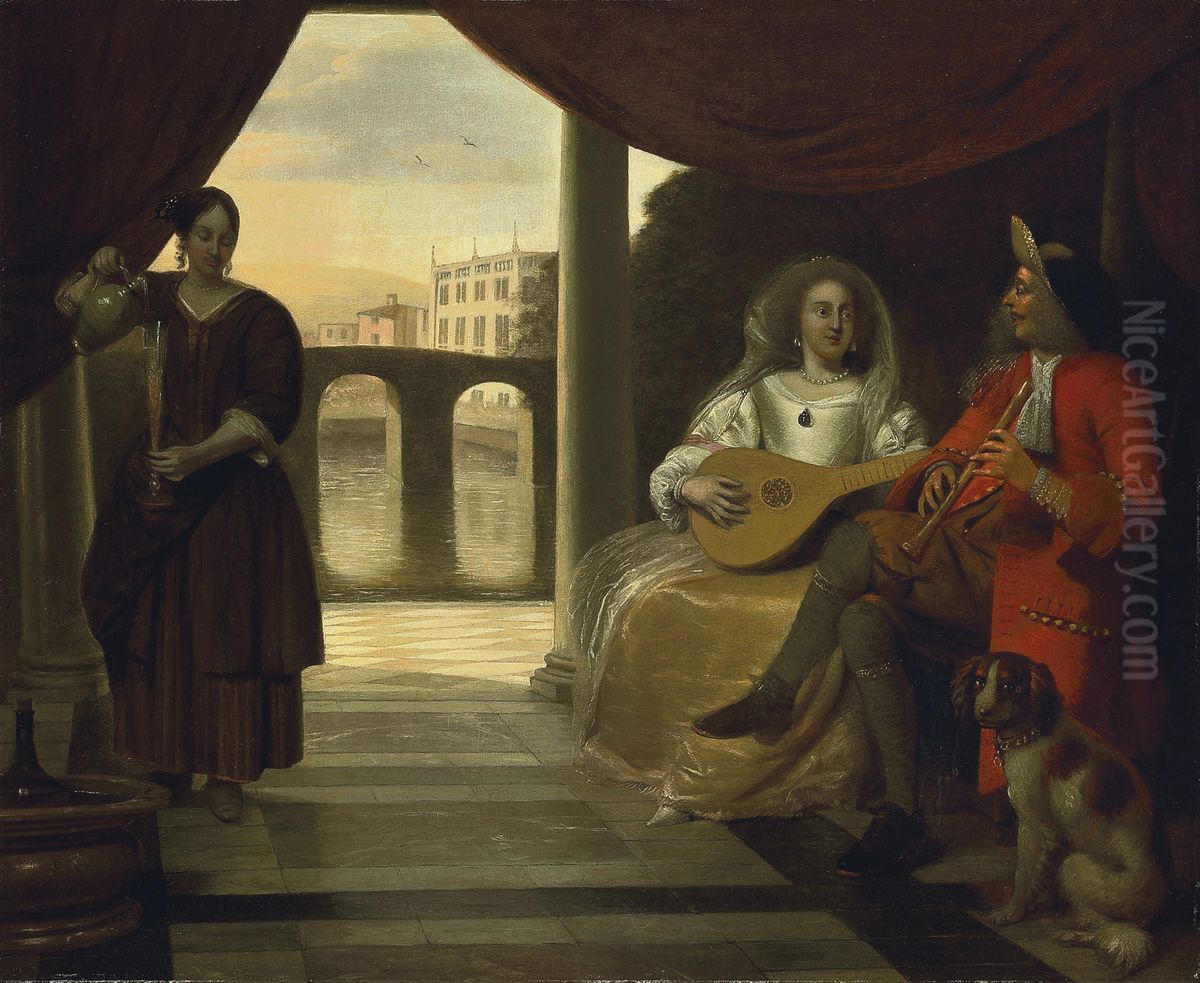 Elegant couple playing music on a terrace, with a maidservant pouring wine Oil Painting by Pieter De Hooch