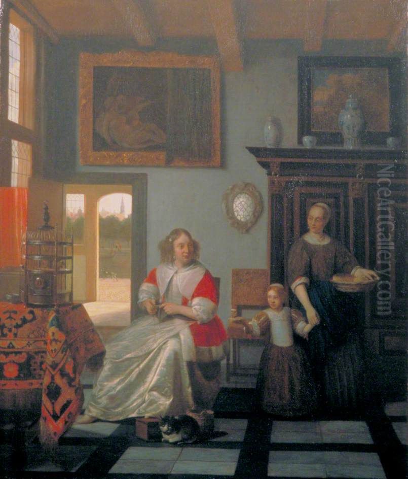 Interior with a woman knitting and a maid with a girl Oil Painting by Pieter De Hooch