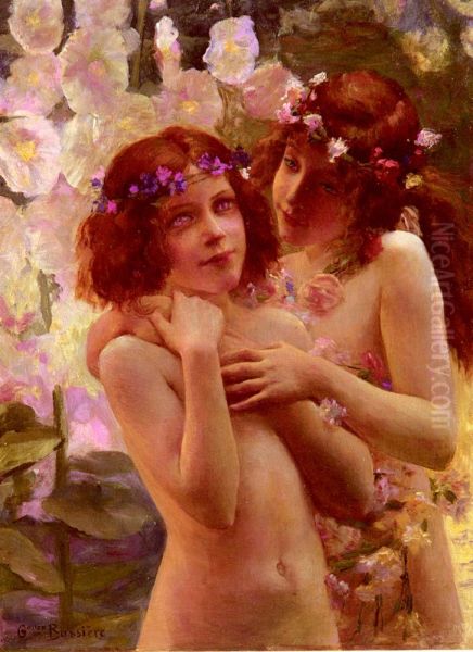 Two Children with Crowns of Flowers Oil Painting by Gaston Bussiere
