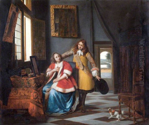 Interior with a woman at her toilet and a man who takes off his hat Oil Painting by Pieter De Hooch