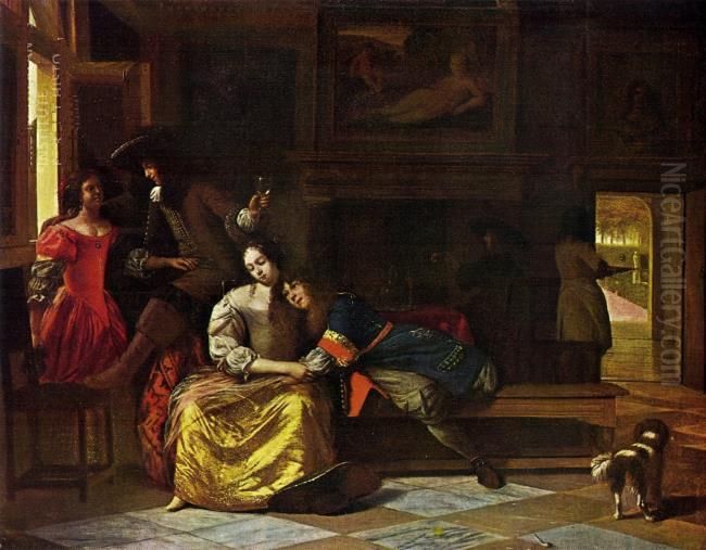 Interior with two embracing couples Oil Painting by Pieter De Hooch