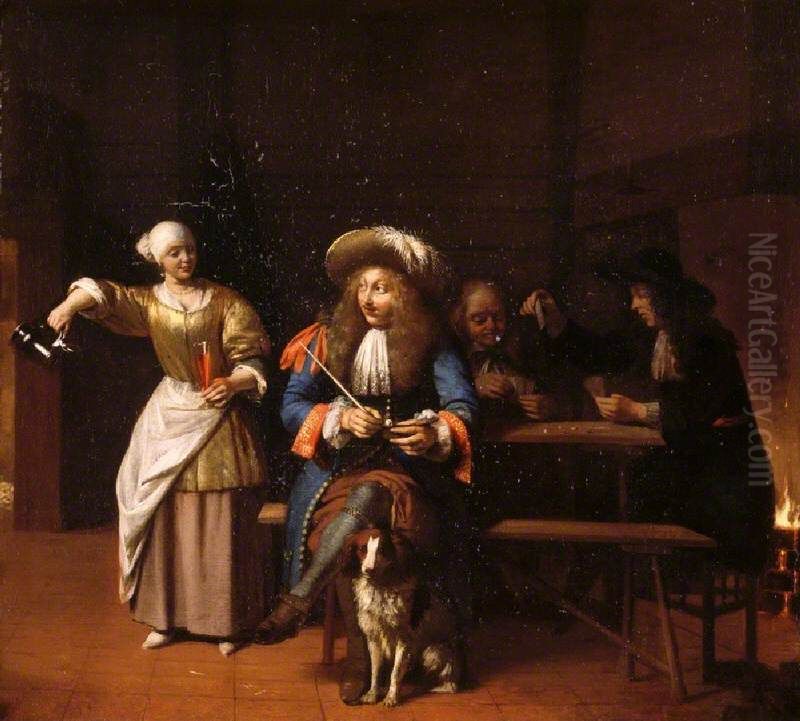 Tavern Scene, with Serving-wench, Gentleman with Pipe and Dog and Card Players Oil Painting by Pieter De Hooch