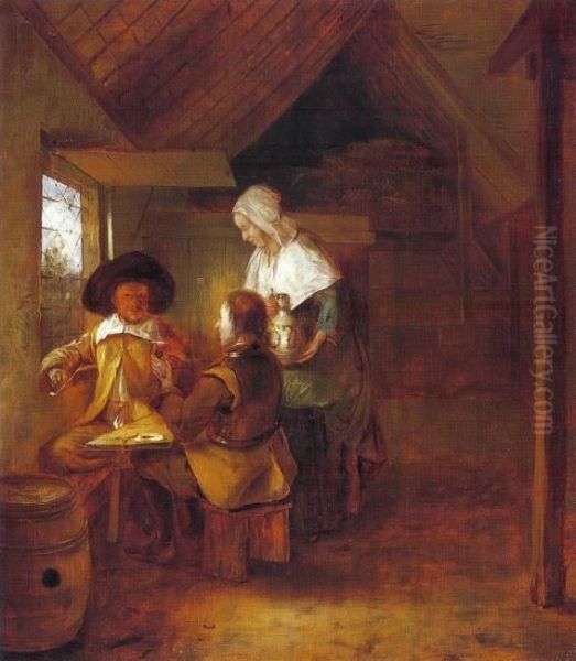 Two drinking soldiers and a maid Oil Painting by Pieter De Hooch