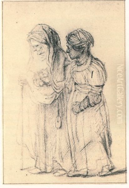 Old Woman Being Supported by a Young Girl (Ruth and Naomi ?) Oil Painting by Rembrandt