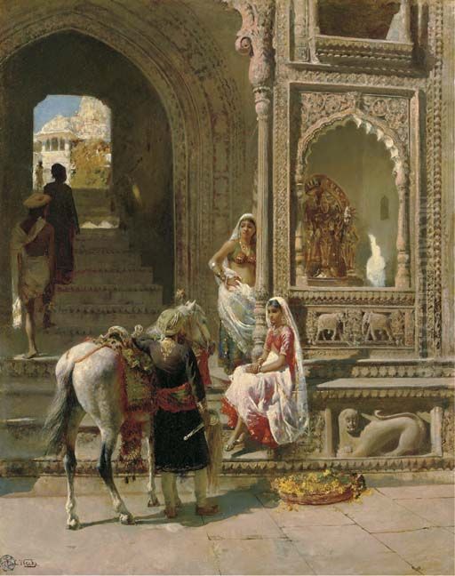 A Meeting at a Temple Gateway in Mathura Oil Painting by Edwin Lord Weeks