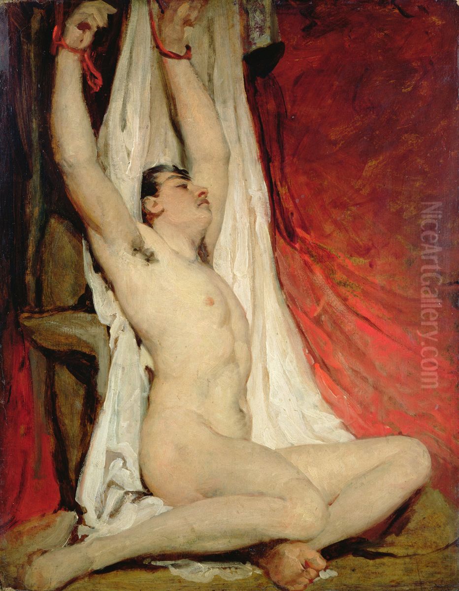 Male Nude, with Arms Up-Stretched Oil Painting by William Etty