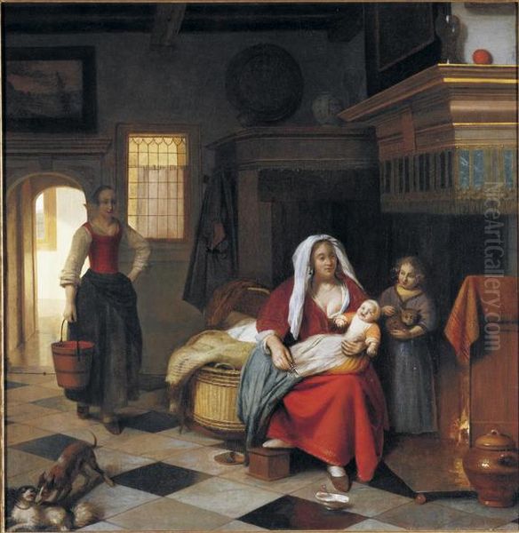 A mother with two children and a maid with a pail by a fireplace Oil Painting by Pieter De Hooch