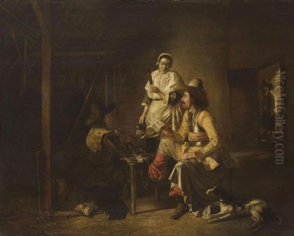 Soldiers with a Serving Maid in a Barn Oil Painting by Pieter De Hooch