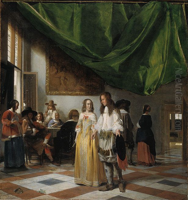 Interior med et ungt par og musicerende folk Oil Painting by Pieter De Hooch