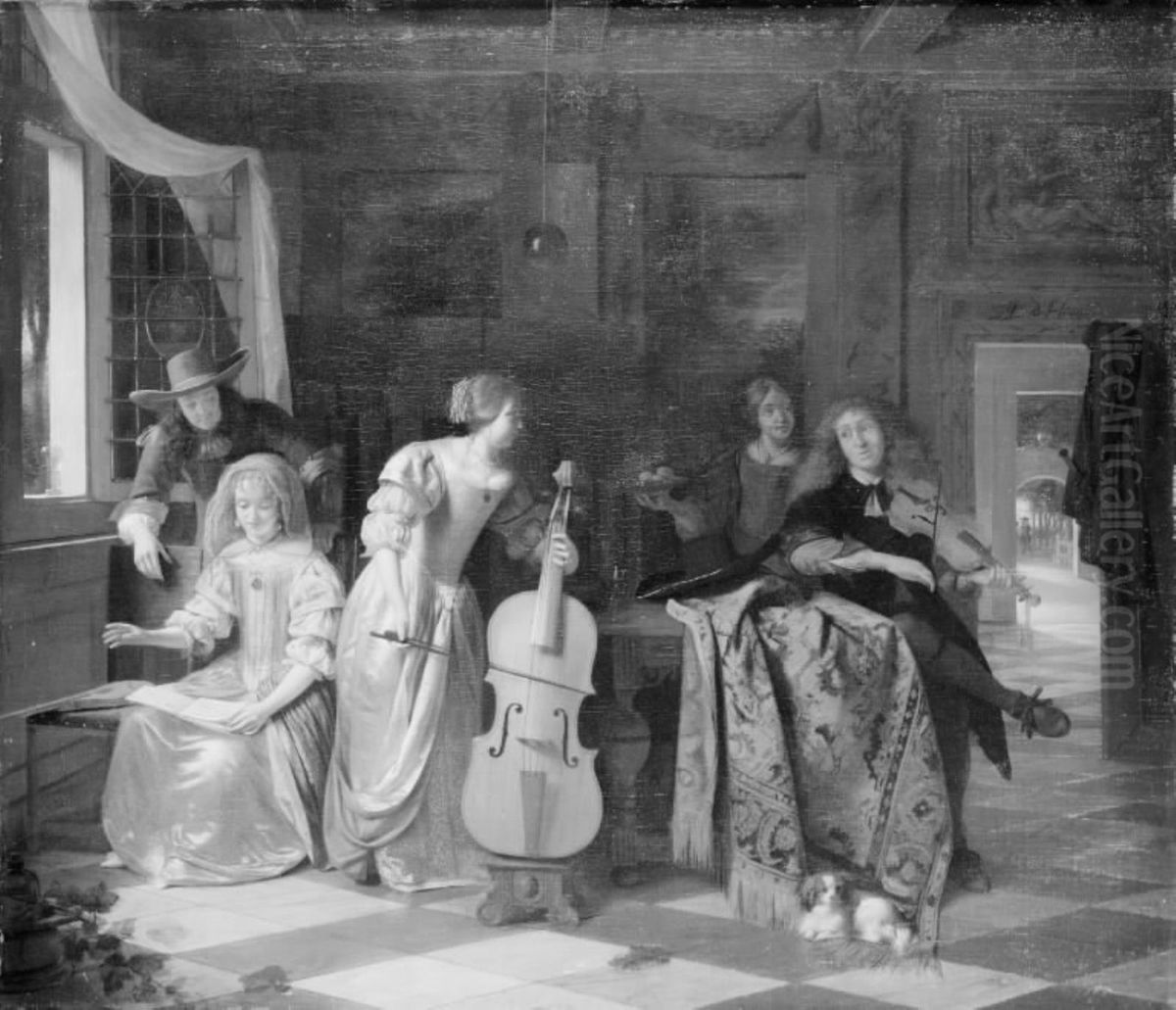 Merry Company with 5 figures Oil Painting by Pieter De Hooch
